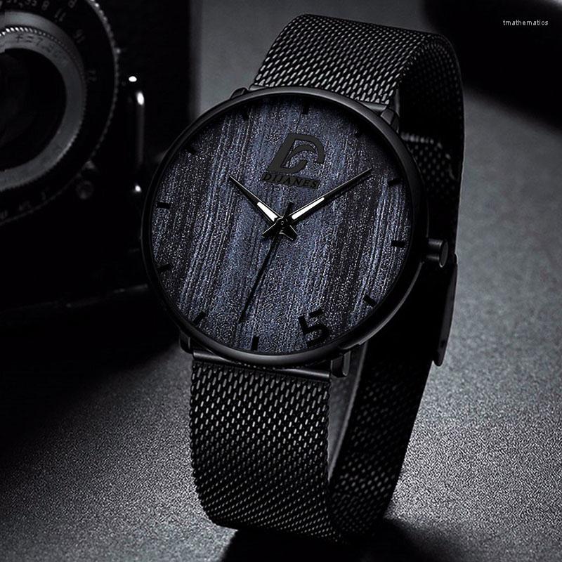 Wristwatches Reloj Hombre Mens Fashion Ultra Thin Minimalist Watches Men Business Stainless Steel Mesh Belt Quartz Watch Relogio MasculinoWr, Leather black black