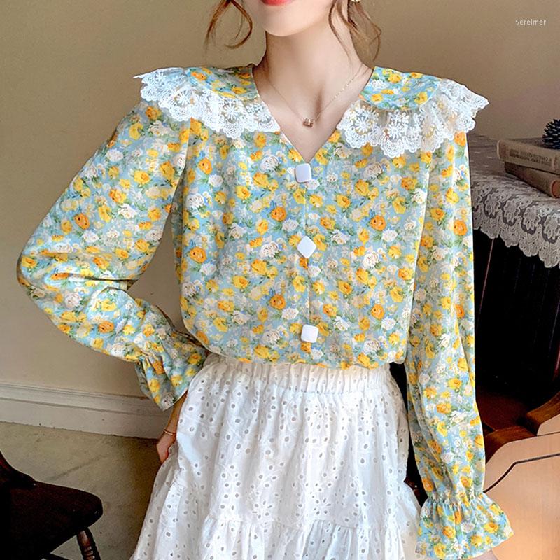 Women' Blouses Autumn French Retro V-neck Bubble Long Sleeve Floral Lace Chiffon Shirt Doll Collar Green Pink Color Button Blusas Female
Women' Blouses Autumn French Retro V-neck Bubble Long Sleeve Floral Lace Chiffon Shirt Doll Collar Green Pink Color Button Blusas Female