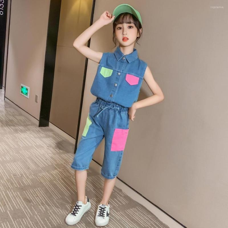 Clothing Sets Girls Denim Set Boutique Outfits 4-12y Summer Luxury Fashion Casual Short Sleeve Shorts Two-piece Suit For Kids Teens