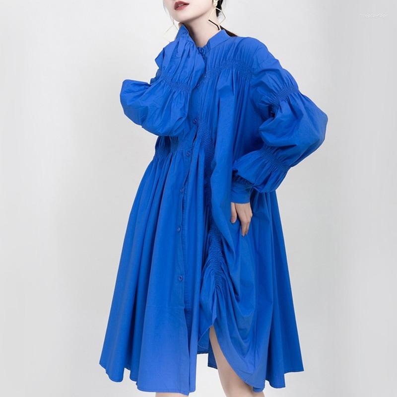 Casual Dresses Long Sleeve High Waist Loose Women Dress 2022 Fashion Elegant Ruched Blue Female Stand Collar Lantern Summer
Casual Dresses Long Sleeve High Waist Loose Women Dress 2022 Fashion Elegant Ruched Blue Female Stand Collar Lantern Summer