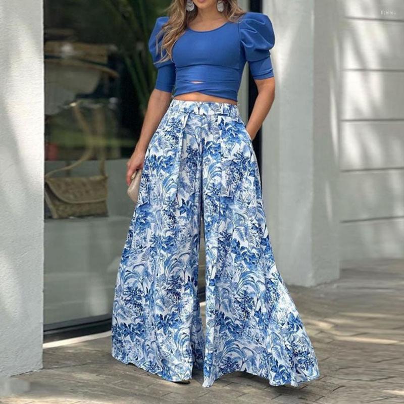 Women' Two Piece Pants 2 Pcs/Set Top Suit Bubble Sleeve High Waist Waist-exposed Short Sleeves Wide Leg Crop Trousers Set Daily Clothes, Blue
Women' Two Piece Pants 2 Pcs/Set Top Suit Bubble Sleeve High Waist Waist-exposed Short Sleeves Wide Leg Crop Trousers Set Daily Clothes, Blue