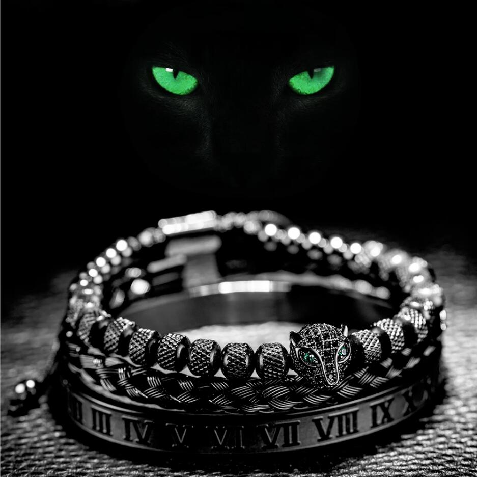 3pcs/set Classical Handmade Braiding Bracelet Hip Hop Men Pave CZ Leopard Head Roman Numeral Bracelet Stainless Steel Jewelry