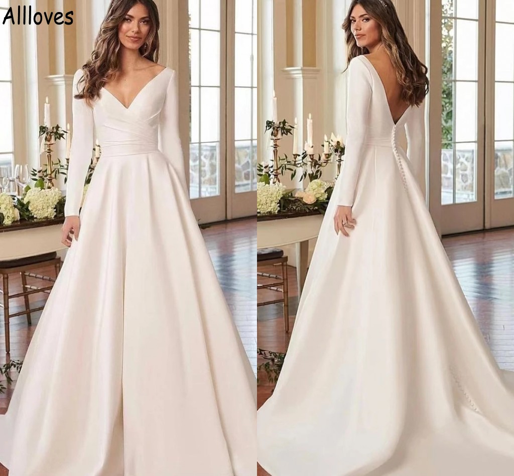 Elegant Satin A Line Wedding Dresses With Long Sleeves V Neck Simple Boho Garden Bridal Gowns Open Back Buttons Fashion Sweep Train Robes de Mariee CL1214, Blue
Elegant Satin A Line Wedding Dresses With Long Sleeves V Neck Simple Boho Garden Bridal Gowns Open Back Buttons Fashion Sweep Train Robes de Mariee CL1214, Blue