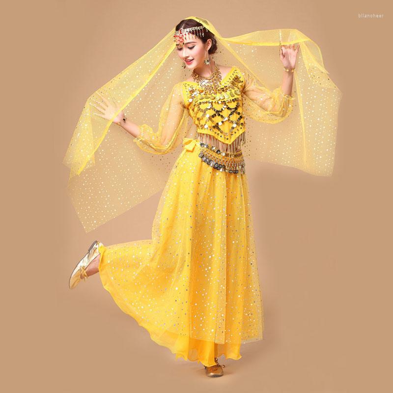 Stage Wear Belly Dance Costume Set Dress Bellydance Tribal Women Bollywood Costumes Top Belt Veil Headchain, Yellow
Stage Wear Belly Dance Costume Set Dress Bellydance Tribal Women Bollywood Costumes Top Belt Veil Headchain, Yellow