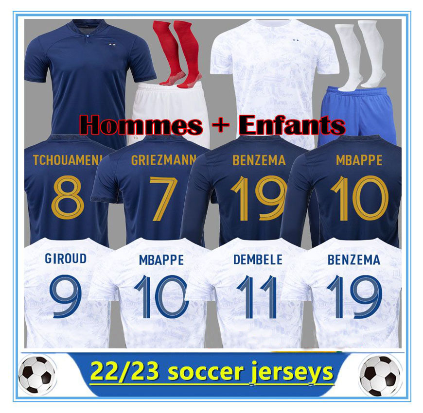 

2022 French BENZEMA MBAPPE New Soccer Jersey 22/23 GRIEZMANN POGBA KANTE maillot foot kit top shirt DEMBELE KIMPEMBE VARANE SALIBA DIGNE GIROUD Football MEN kids set, Kids 22 23 home with sock