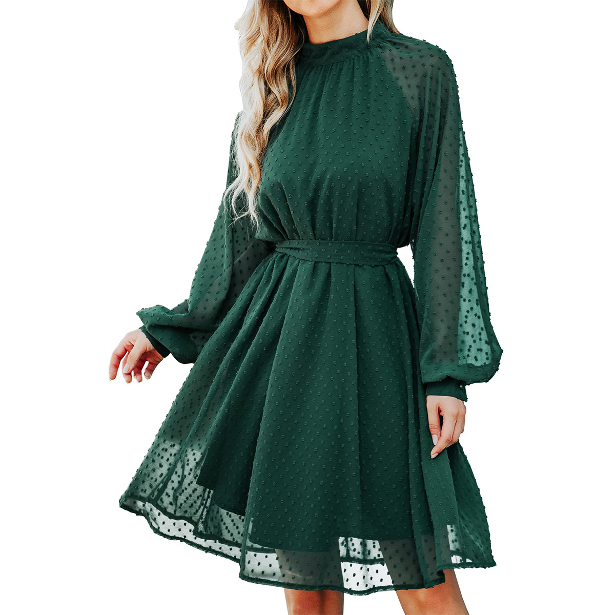 European and American Wedding Guest Dress Long Sleeve Elegant Chiffon Swiss Dot Medium with Belt, Black
European and American Wedding Guest Dress Long Sleeve Elegant Chiffon Swiss Dot Medium with Belt, Black