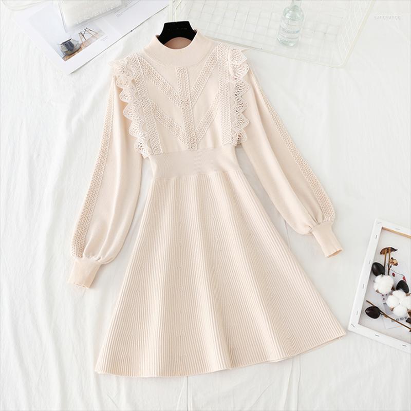 Casual Dresses Spring Autumn Women Knitted Dress Long Sleeve O Neck Elastic Waist Lace Sweater Korean Chic Apricot Black Mini
Casual Dresses Spring Autumn Women Knitted Dress Long Sleeve O Neck Elastic Waist Lace Sweater Korean Chic Apricot Black Mini