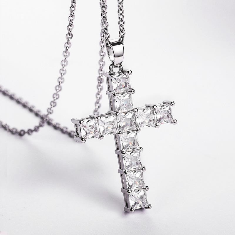 Diamond Stone Cross Pendants Necklace Jewelry Platinum Plated Men Women Lover Gift Couple Religious Jewelry
