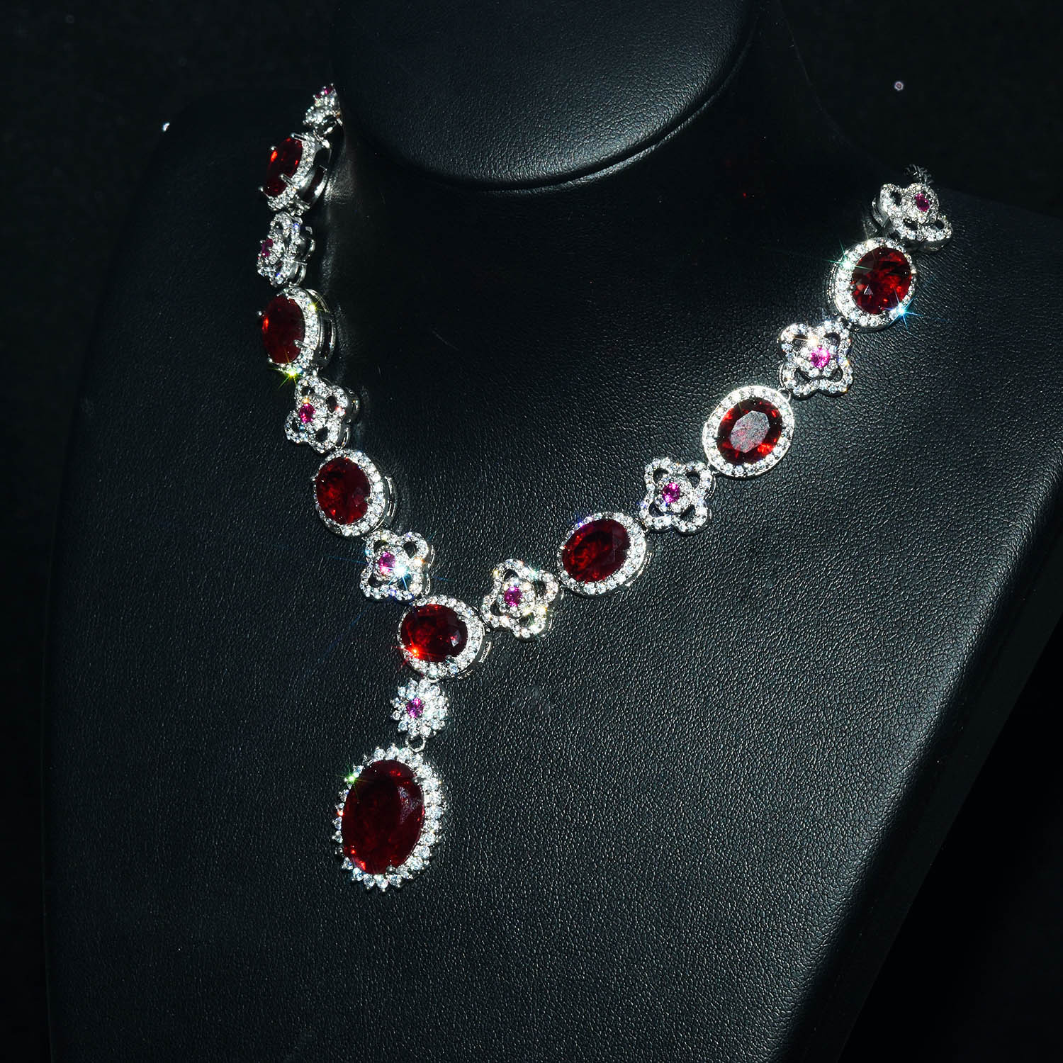 Exquisite Red Crystals Jewelry Sets For Women Bride Wedding Party Accessories Rhinestone Cubic Zircon Stud Necklace Earrings Bracelets Chain Rings