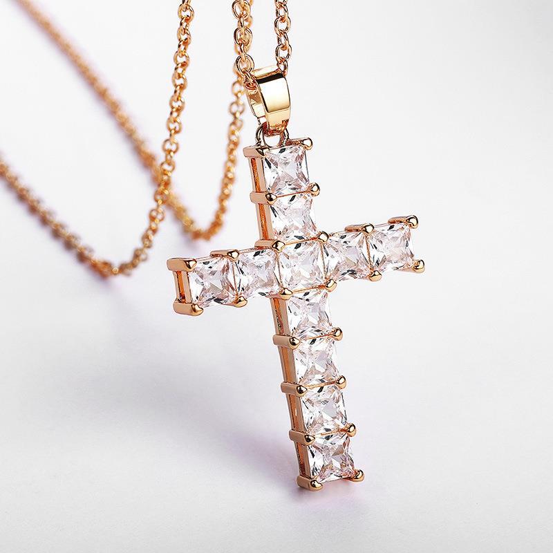 Diamond Stone Cross Pendants Necklace Jewelry Platinum Plated Men Women Lover Gift Couple Religious Jewelry