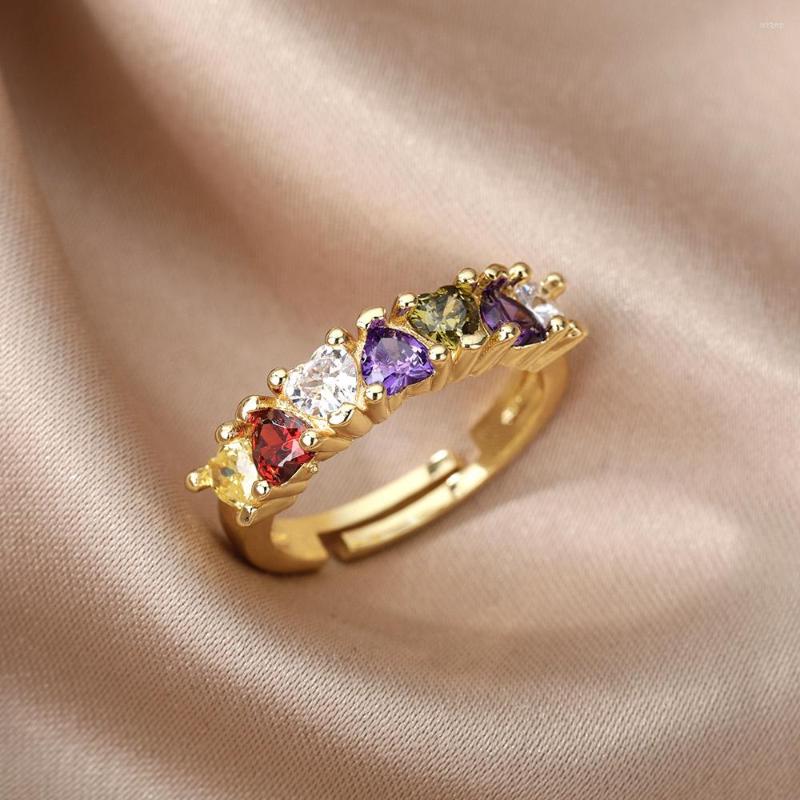 Cluster Rings Colorful Zircon Heart For Women Open Adjustable Stainless Steel Finger Ring Couple Boho Aesthetic Jewelry Anillos Mujer