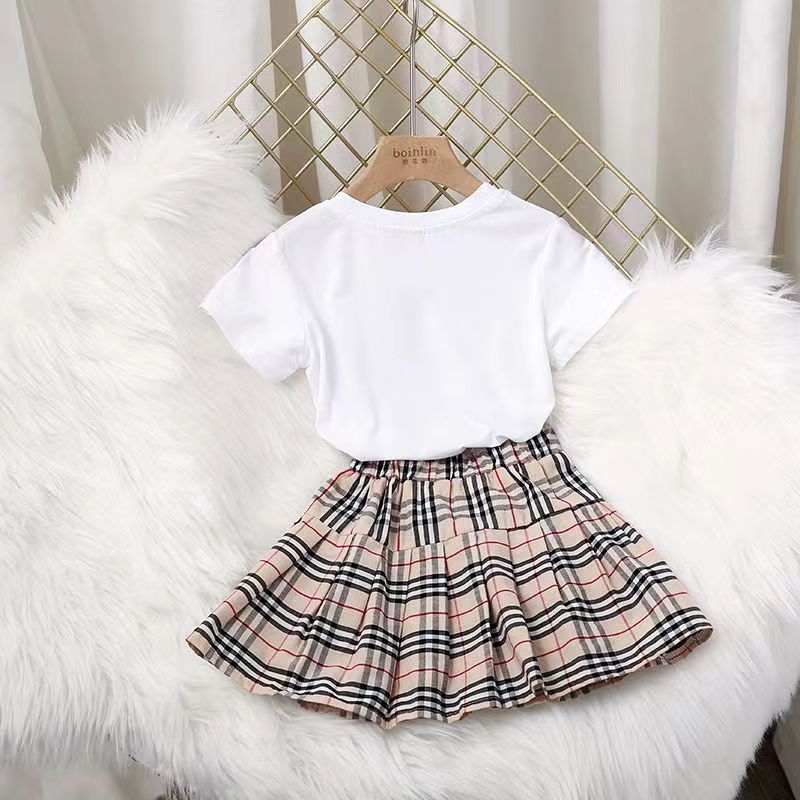 Kids Girls Summer Clothing Sets Short Sleeve Top T shirt Plaid Skirts Children Baby Clothes Set 2pcs