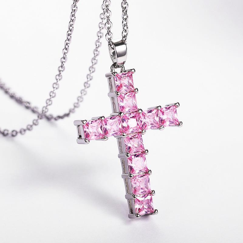 Diamond Stone Cross Pendants Necklace Jewelry Platinum Plated Men Women Lover Gift Couple Religious Jewelry