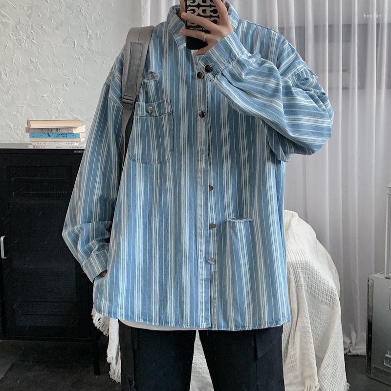 Men's Casual Shirts Oversized Men's Shirt Autumn 2022 Striped Denim Korean Trend Handsome Loose Hole Long Sleeve Tops Vintage 2Y2321, Light blue 
Men's Casual Shirts Oversized Men's Shirt Autumn 2022 Striped Denim Korean Trend Handsome Loose Hole Long Sleeve Tops Vintage 2Y2321, Light blue