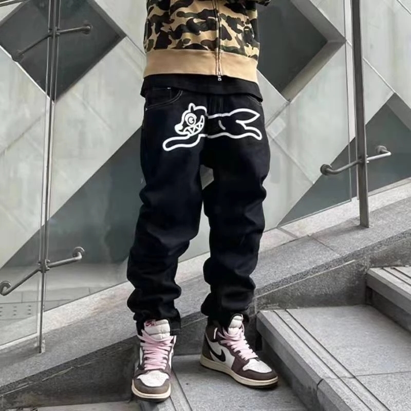 Mens Jeans High Street Jeans Men Flying Dog Print Straight Loose Casual Denim Pant Vintage Harajuku Washed Trousers Hip Hop Streetwear Male 220930
