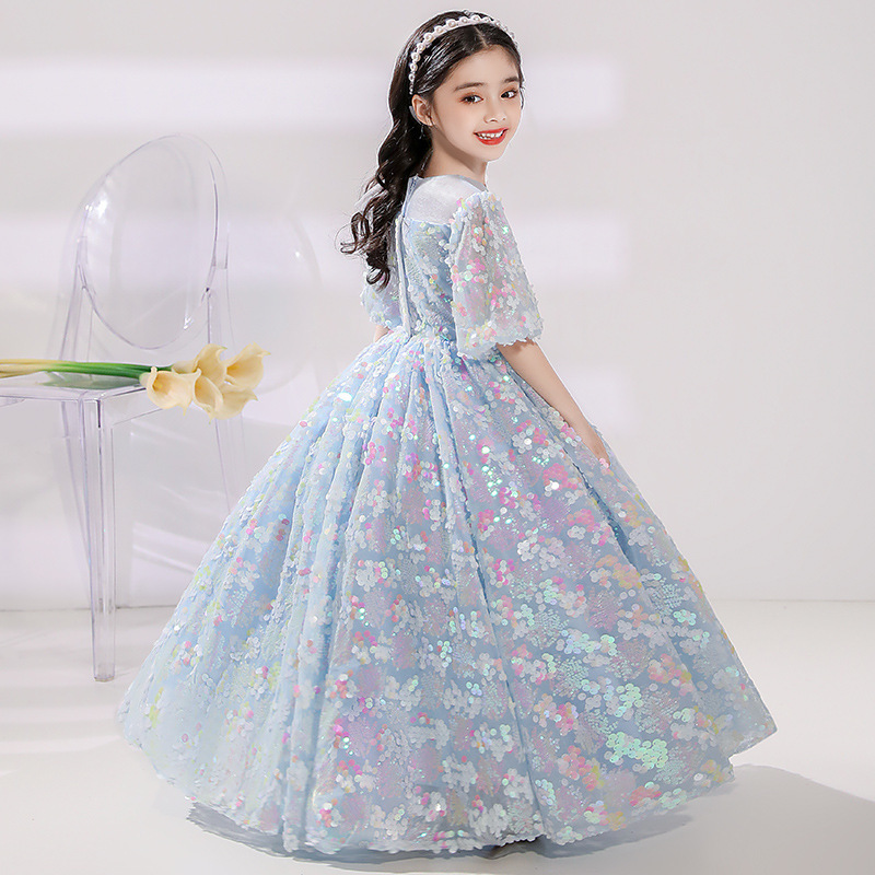 blue Flower Girl Dresses For Weddings Jewel Neck Lace Appliques Crystal Beaded Tiered Little Kids Baby Gowns First holy Communion Dresses