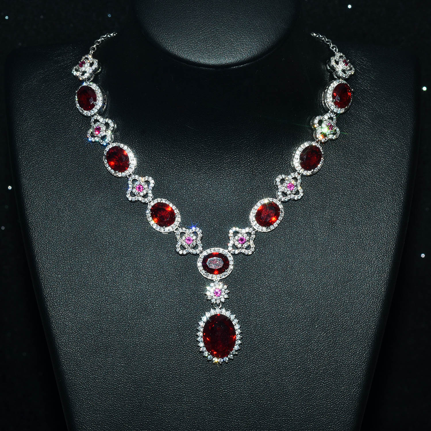 Exquisite Red Crystals Jewelry Sets For Women Bride Wedding Party Accessories Rhinestone Cubic Zircon Stud Necklace Earrings Bracelets Chain Rings