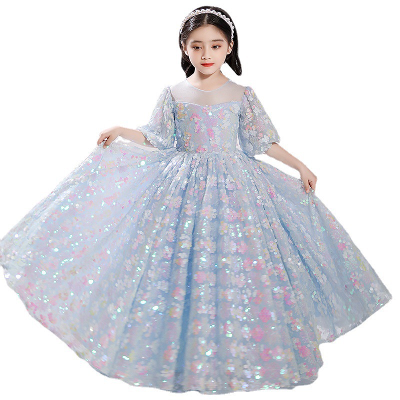 blue Flower Girl Dresses For Weddings Jewel Neck Lace Appliques Crystal Beaded Tiered Little Kids Baby Gowns First holy Communion Dresses