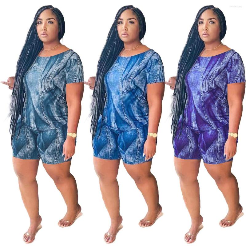 Women' Tracksuits Two Piece Plus Size Women' Clothing Wholesale Drop Fashion Denim Print Sexy Round Neck Casual Slim Loose Shorts Suit, Blue 
Women' Tracksuits Two Piece Plus Size Women' Clothing Wholesale Drop Fashion Denim Print Sexy Round Neck Casual Slim Loose Shorts Suit, Blue