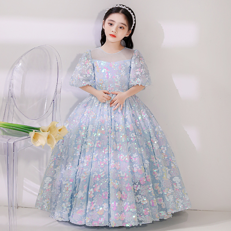 blue Flower Girl Dresses For Weddings Jewel Neck Lace Appliques Crystal Beaded Tiered Little Kids Baby Gowns First holy Communion Dresses