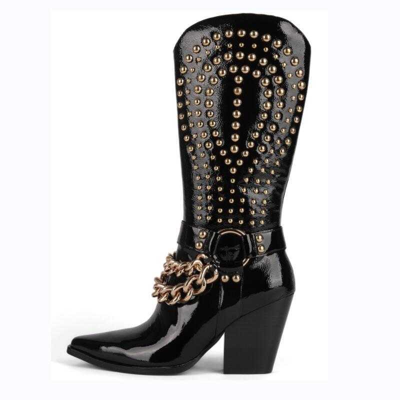 Boots New Punk Style Western Cowboy Women's Shoes Thick Heel Tip Rivet Belt Buckle Black Patent Leather Plus Size Zapatos Mujer 220901
Boots New Punk Style Western Cowboy Women's Shoes Thick Heel Tip Rivet Belt Buckle Black Patent Leather Plus Size Zapatos Mujer 220901