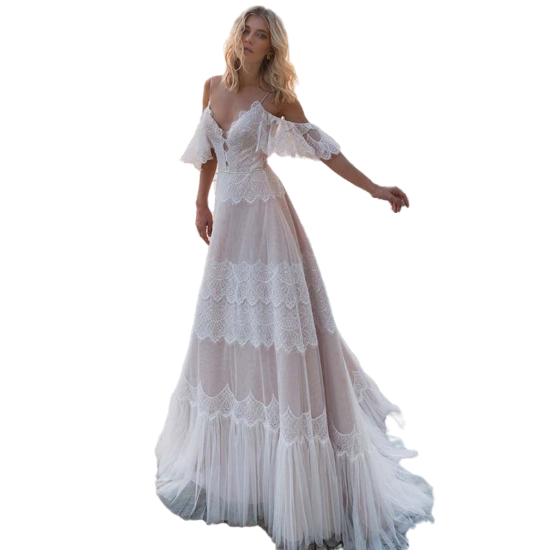 Bohemian A-Line Wedding Dress Spaghetti Backless Long Lace Tulle Boho Beach Bridal Gown Sweep Train Back Lace-Up Plus Size Summer Robe de Mariage