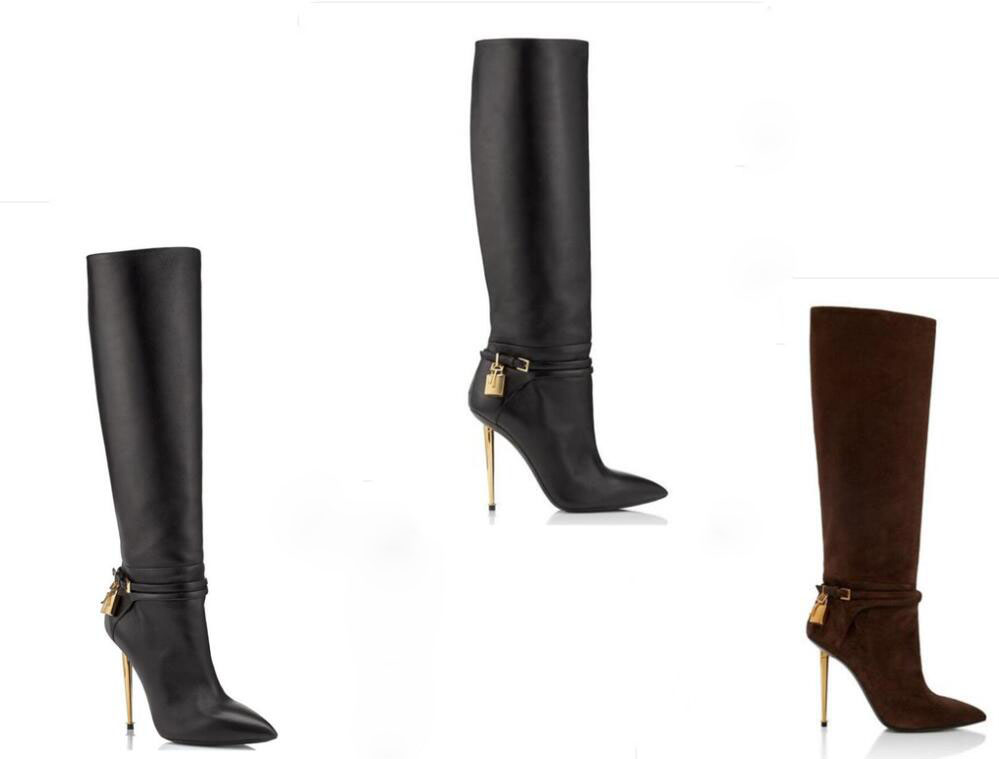 Elegant Winter Padlock knee Boots Women Nappa Black suede Leather Lock-and-key Metal Stiletto Heel Booties Pointed Toe Lady Dress Fashion Booty EU35-43
Elegant Winter Padlock knee Boots Women Nappa Black suede Leather Lock-and-key Metal Stiletto Heel Booties Pointed Toe Lady Dress Fashion Booty EU35-43