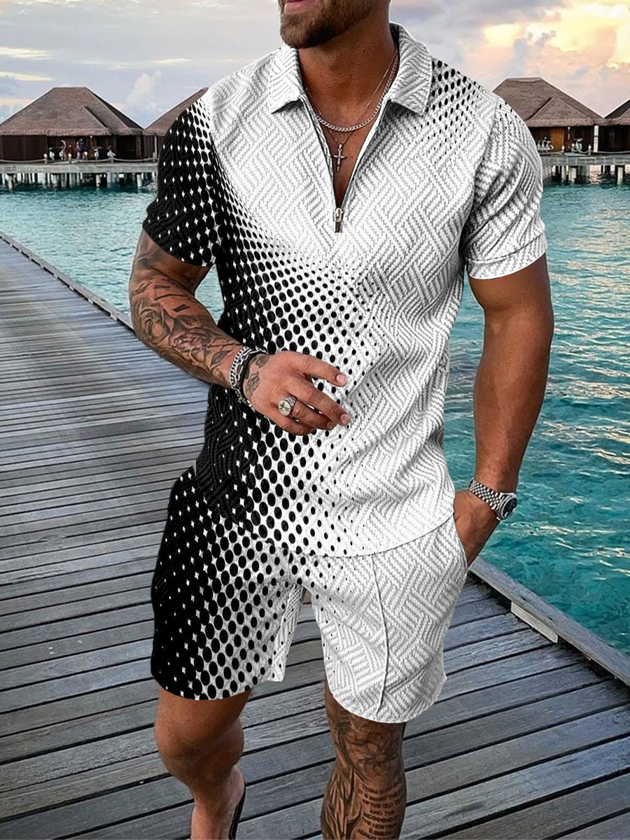 Men's Tracksuits Suit 3D Color Stitching Print Summer Short Sleeve Polo Shirt Shorts Fashion Zipper Two Piece Set 220930
