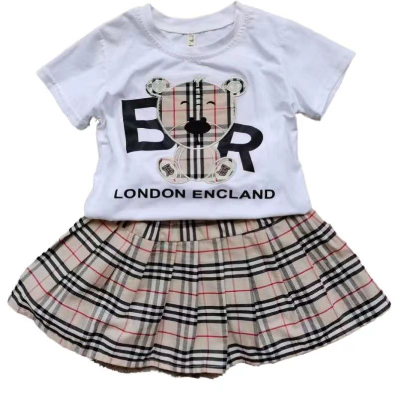 Kids Girls Summer Clothing Sets Short Sleeve Top T shirt Plaid Skirts Children Baby Clothes Set 2pcs