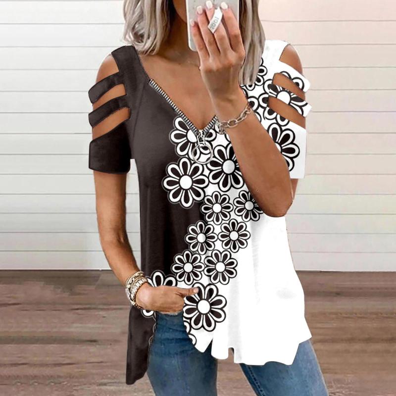 Women' T Shirts Woman Summer Clothing Ladies Tunic Tops Womens Casual Zip Half Open Short Sleeves Fashion Print Chain Blouse For Women, Blue
Women' T Shirts Woman Summer Clothing Ladies Tunic Tops Womens Casual Zip Half Open Short Sleeves Fashion Print Chain Blouse For Women, Blue