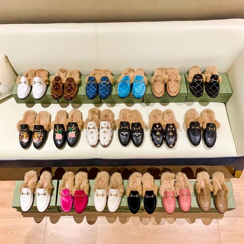 Fashion Designer Women Fur Slippers Loafers Genuine Leather Mules Princetown Female White Black metal chain Casual Flat Shoes Slippers
