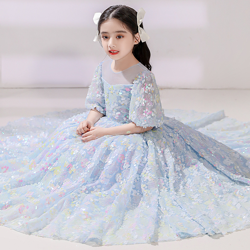 blue Flower Girl Dresses For Weddings Jewel Neck Lace Appliques Crystal Beaded Tiered Little Kids Baby Gowns First holy Communion Dresses