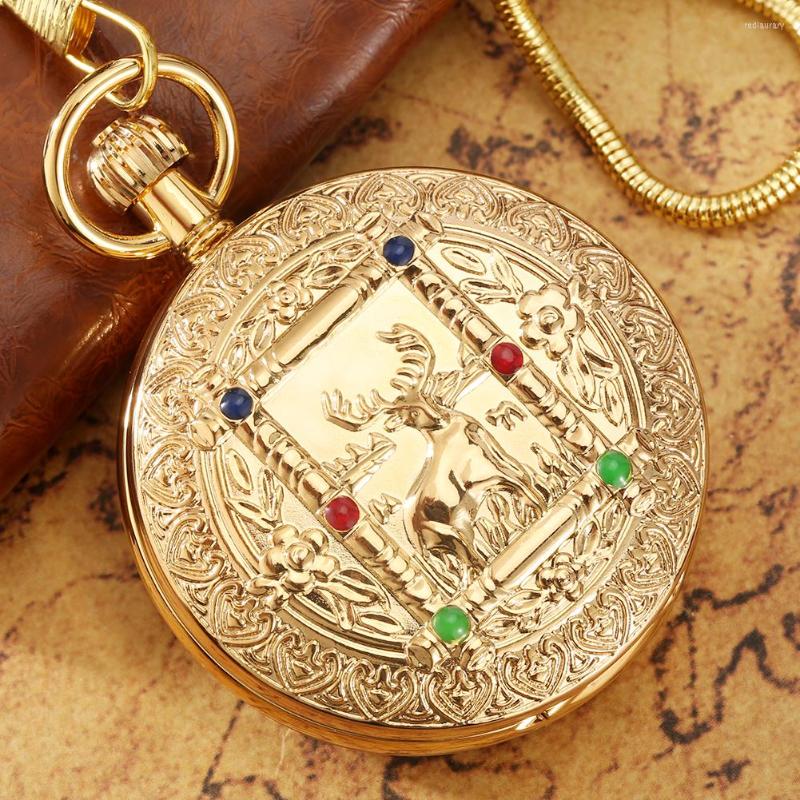 Pocket Watches Noble Golden Pretty Elk Carved Automatic Mechanical Watch Double Open Design High End Dial Gold Pendant Necklace Women
Pocket Watches Noble Golden Pretty Elk Carved Automatic Mechanical Watch Double Open Design High End Dial Gold Pendant Necklace Women