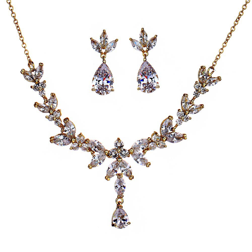 Exquisite Crystal Drop Necklace Jewelry Sets For Women Wedding Party Accessories Cubic Zircon Stud Earrings Gift