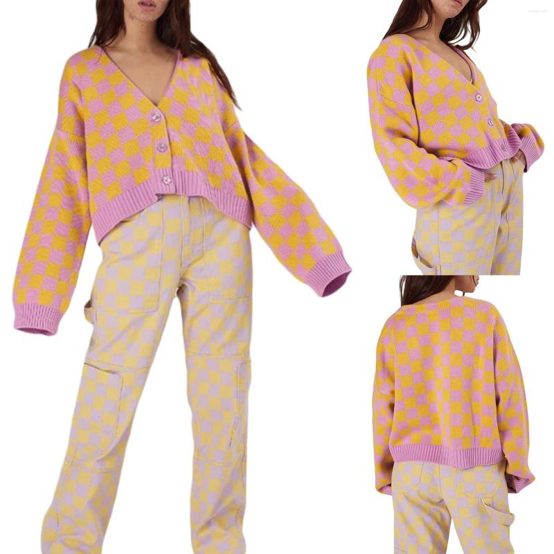 

Women' Knits Women Knitted Cardigan Splicing Checked V-Neck Long Sleeves Button-Open Knit Coat For Girls Yellow Purple