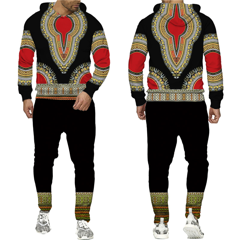 Men's Tracksuits African Dashiki Hoodie/Suit Men's Casual 3D Printed Ethnic Style Sweatshirt Pants Set Men/Women Folk-Custom Streetwear Trac