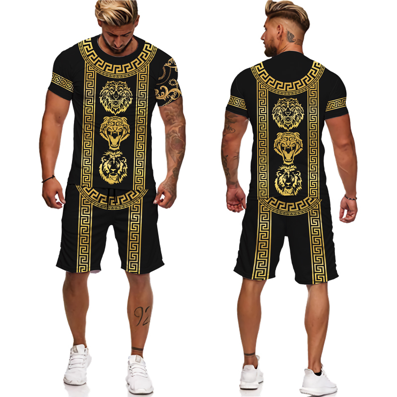 Men's Tracksuits Summer Golden Lion 3D Printed Tees/Shorts/Suit Men's Casual Graphic T-Shirt Two Piece Set Hip Hop Fashion Short Sleeve Trac