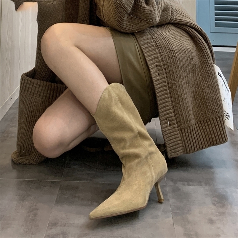 Boots Women's stiletto heel pointed toe middle boot western cowboy boots fall/winter frosted high-heeled knight Thin legs 221006, Apricot
Boots Women's stiletto heel pointed toe middle boot western cowboy boots fall/winter frosted high-heeled knight Thin legs 221006, Apricot