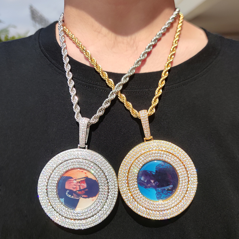 Customize Rotatable Solid Memorial Photo Pendant Necklace TopBling Zircon Men Women Lover Gift