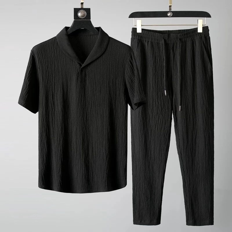 Men's Tracksuits Arrival Men's Cool and Thin Short Sleeve T-shirtPant Two-Piece Set Solid ShirtTrousers Home Suits Male Size M-4XL 221006