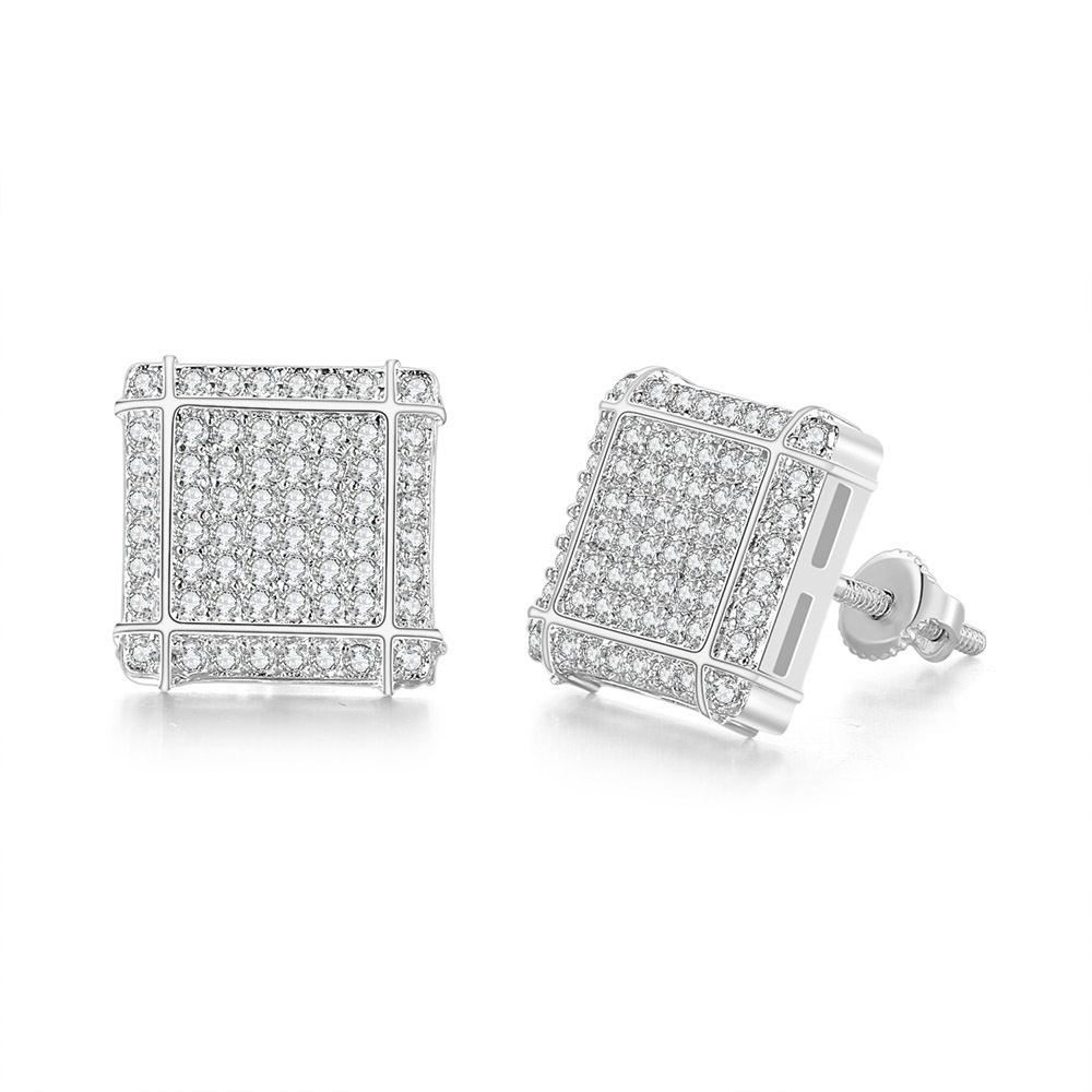 Hip Hop Screwback Stud Earrings Cylinder Shape Bling White Zircon Dangle Earrings Gold Plated Vintage Geometric Jewelry