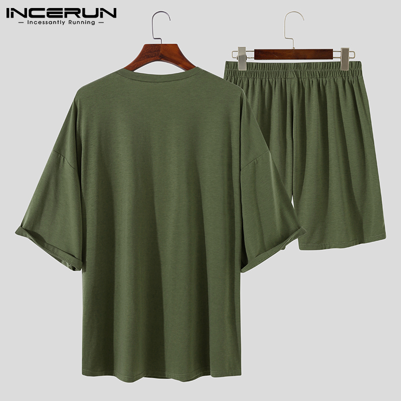 Men's Tracksuits Men Sets Solid Color Summer O Neck Half Sleeve T Shirts Elastic Waist Shorts Streetwear Loose Casual Men Suits 5XL INCERUN 22100