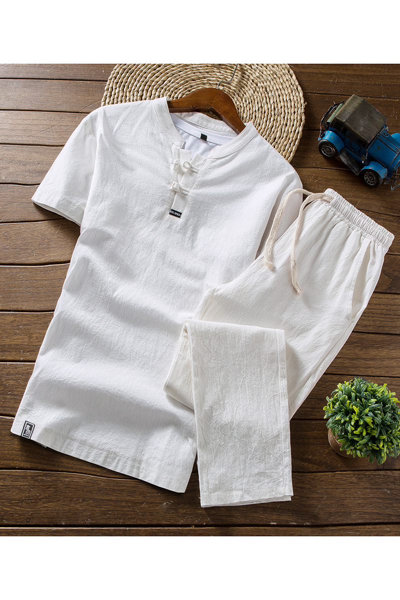 Men's Tracksuits Arrival Men's Cotton and Linen Short Sleeve T-shirtAnkle Length Pant Set Solid ShirtTrousers Home Suits Male M-5XL TZ30 221