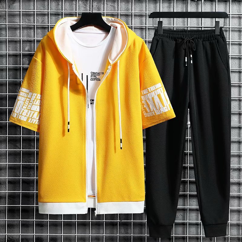 Men's Tracksuits Men's Sets Hooded Zipper Short Sleeve Tops Elastic Waist Trousers Men Clothing Two Piece Set Korean Streetwear Tracksuit Me