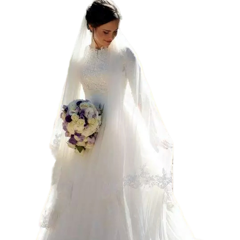 Classic A-Line Muslim Wedding Dresses Bridal Gowns High Neck Long Sleeves Lace Appliques Ivory Tulle Robe De Mariee 2023 Spring Autumn