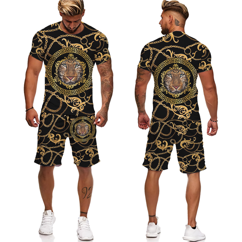 Men's Tracksuits Summer Golden Lion 3D Printed Tees/Shorts/Suit Men's Casual Graphic T-Shirt Two Piece Set Hip Hop Fashion Short Sleeve Trac