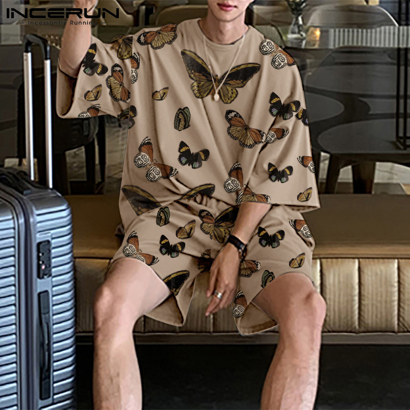 Men's Tracksuits Men Sets Solid Color Summer O Neck Half Sleeve T Shirts Elastic Waist Shorts Streetwear Loose Casual Men Suits 5XL INCERUN 22100