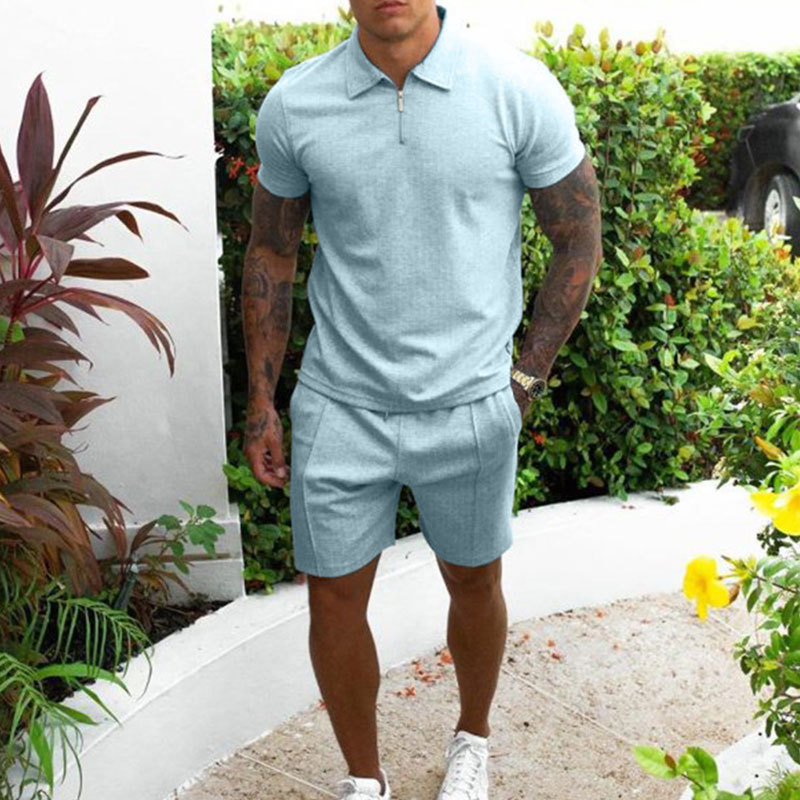 Men's Tracksuits Men's Activewear Solid Color Short Sleeve Zip Lapel Polo Shirt and Shorts Set Men's Casual Streetwear 2 Piece Summer 2