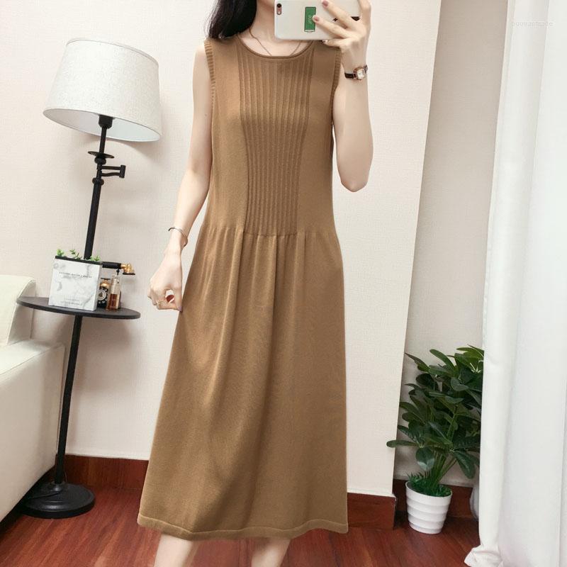 Casual Dresses Ice Silk Knitted Dress Women O-neck Sleeveless Cool Loose Long Summer Clothes Female Solid Basic, D00649 dark coffee
Casual Dresses Ice Silk Knitted Dress Women O-neck Sleeveless Cool Loose Long Summer Clothes Female Solid Basic, D00649 dark coffee