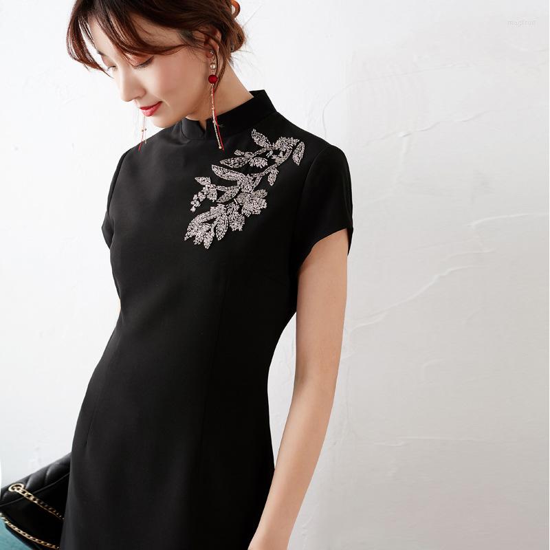Casual Dresses Silver Embroider Bead Flower Chinese Improved Cheongsam Style Dress Sleeve, Black
Casual Dresses Silver Embroider Bead Flower Chinese Improved Cheongsam Style Dress Sleeve, Black